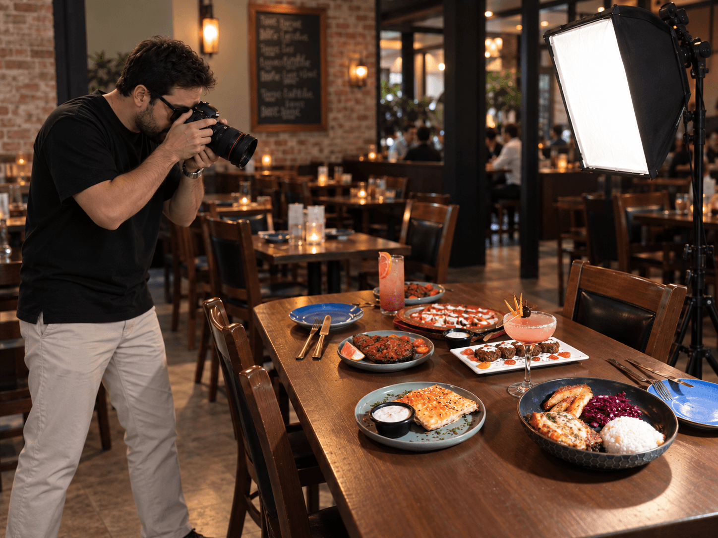 A photographer shooting a table of dishes in a restaurant, lit by a studio softbox