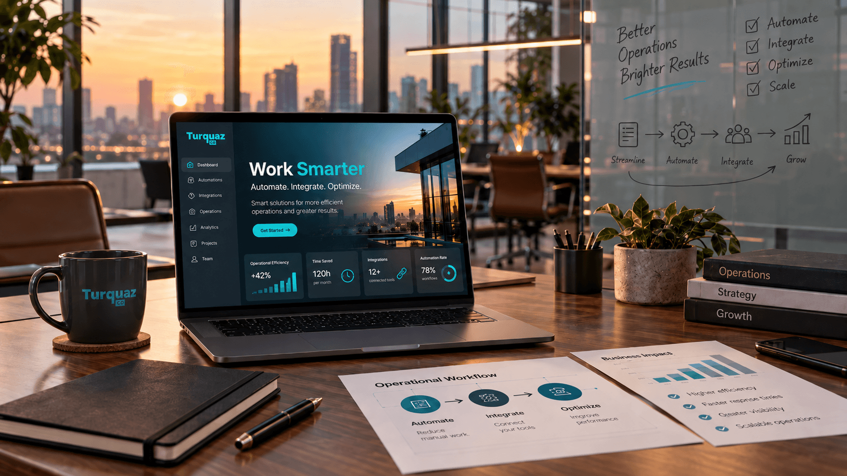 A laptop showing a business dashboard on a desk by a city-view window, next to a printed operational workflow